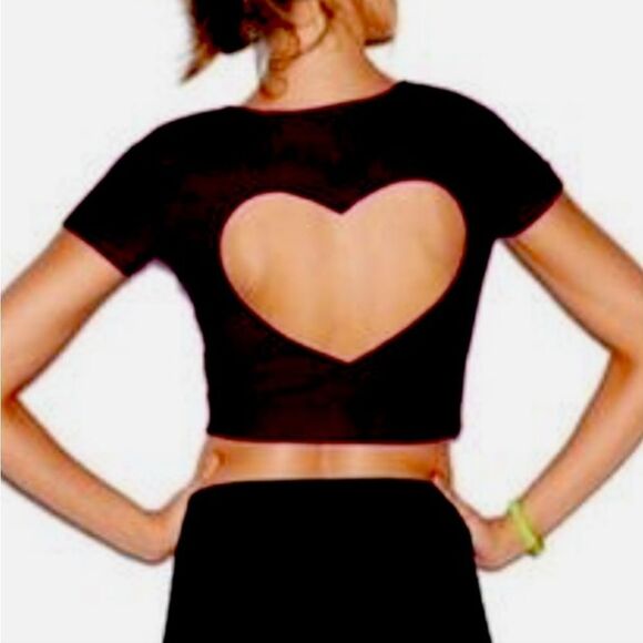 PINK VS Y2K Black Heart Cut Out Back Short Sleeve Cropped Tshirt Large *Med - Picture 1 of 16